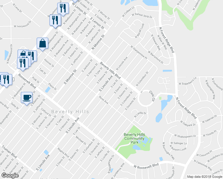 map of restaurants, bars, coffee shops, grocery stores, and more near 17 South Lee Street in Beverly Hills