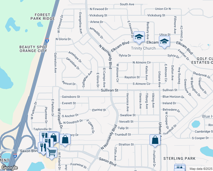 map of restaurants, bars, coffee shops, grocery stores, and more near 2017 El Campo Avenue in Deltona