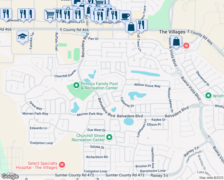 map of restaurants, bars, coffee shops, grocery stores, and more near 2422 Ambler Circle in The Villages