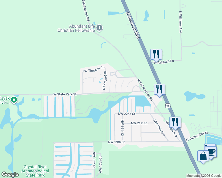 map of restaurants, bars, coffee shops, grocery stores, and more near 4035 North Woodland Point in Crystal River