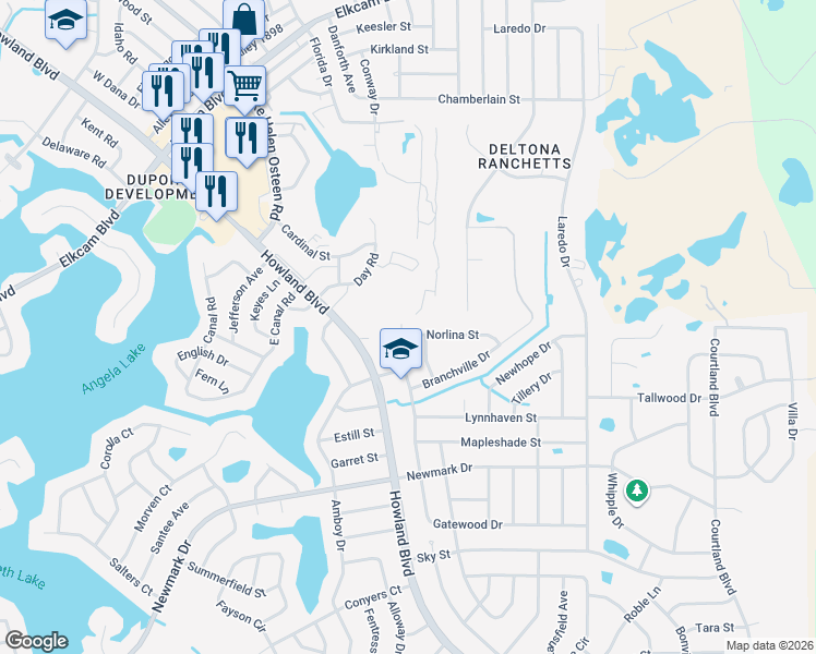 map of restaurants, bars, coffee shops, grocery stores, and more near 3020 Norlina Street in Deltona