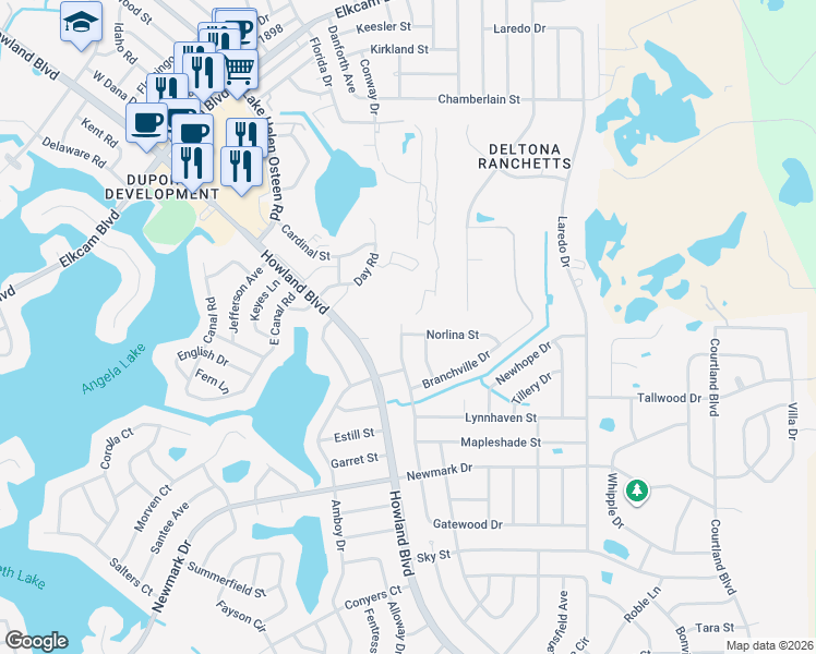 map of restaurants, bars, coffee shops, grocery stores, and more near 3020 Norlina Street in Deltona