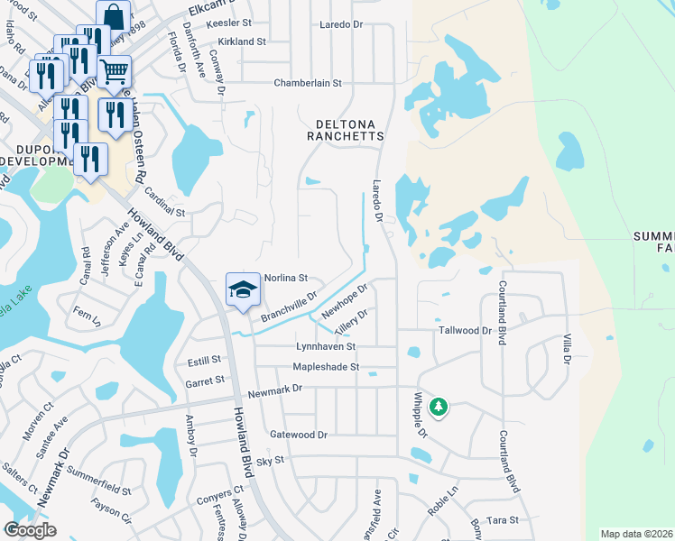 map of restaurants, bars, coffee shops, grocery stores, and more near 3132 Branchville Drive in Deltona