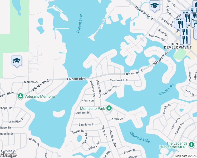 map of restaurants, bars, coffee shops, grocery stores, and more near 2331 Elkcam Boulevard in Deltona