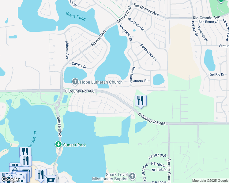 map of restaurants, bars, coffee shops, grocery stores, and more near 8564 County Road 466 in The Villages