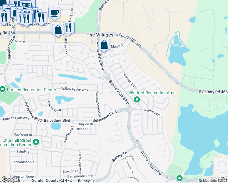 map of restaurants, bars, coffee shops, grocery stores, and more near 1965 Anniston Drive in The Villages