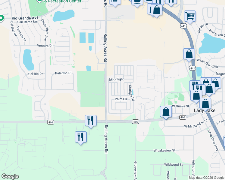 map of restaurants, bars, coffee shops, grocery stores, and more near Savanna Lane in Lady Lake