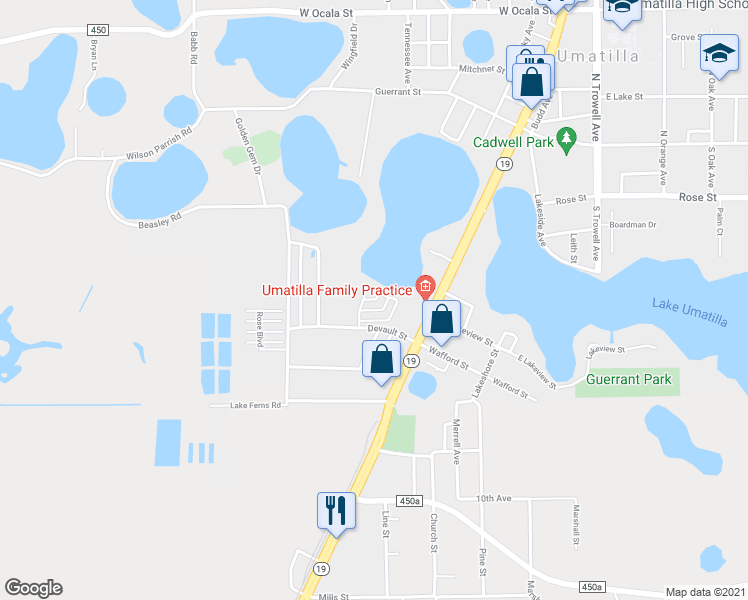 map of restaurants, bars, coffee shops, grocery stores, and more near Egret in Umatilla