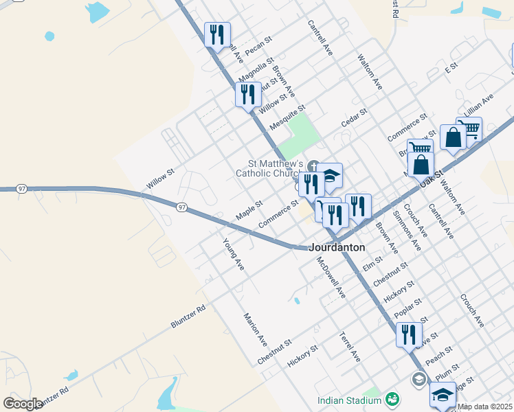 map of restaurants, bars, coffee shops, grocery stores, and more near 498 Maple Street in Jourdanton
