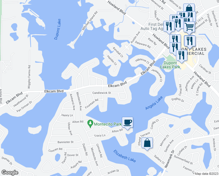 map of restaurants, bars, coffee shops, grocery stores, and more near 2465 Elkcam Boulevard in Deltona