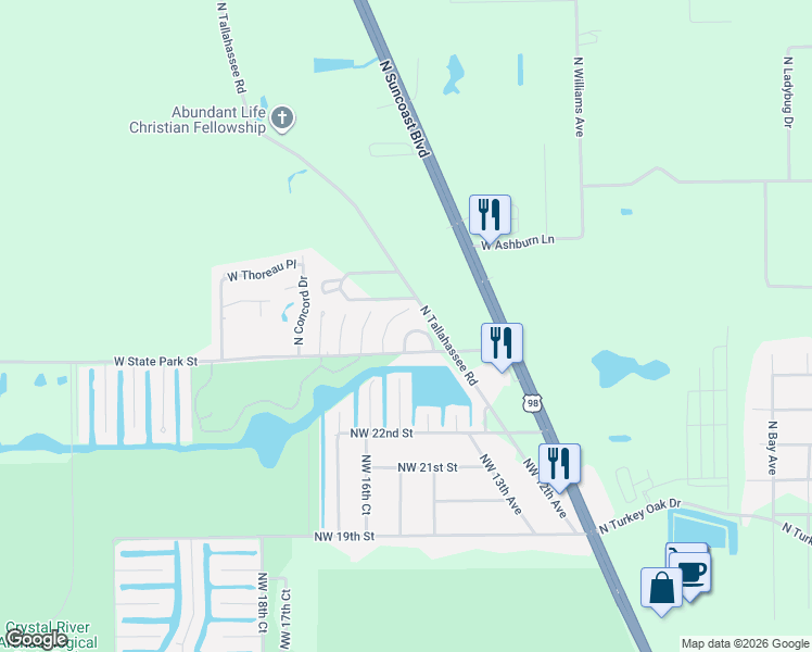 map of restaurants, bars, coffee shops, grocery stores, and more near 10740 West Spring Circle in Crystal River