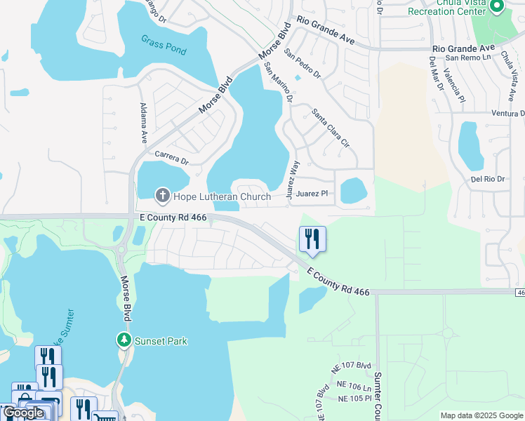 map of restaurants, bars, coffee shops, grocery stores, and more near 1526 Lozano Avenue in The Villages