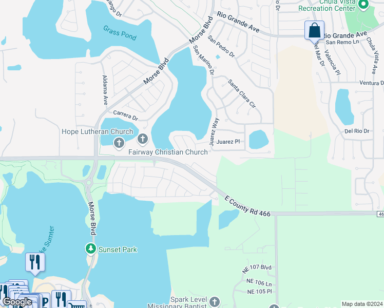 map of restaurants, bars, coffee shops, grocery stores, and more near 1526 Lozano Avenue in The Villages