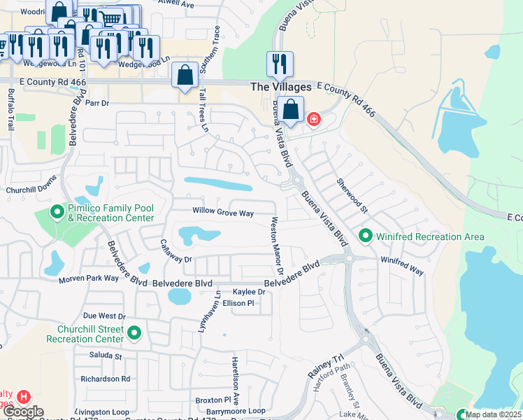 map of restaurants, bars, coffee shops, grocery stores, and more near 2080 Willow Grove Way in The Villages