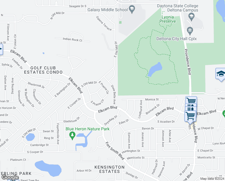 map of restaurants, bars, coffee shops, grocery stores, and more near 2050 Dixie Belle Avenue in Deltona