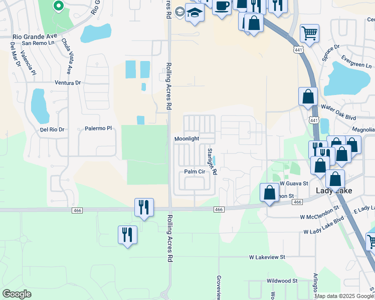 map of restaurants, bars, coffee shops, grocery stores, and more near Savanna Lane in Lady Lake