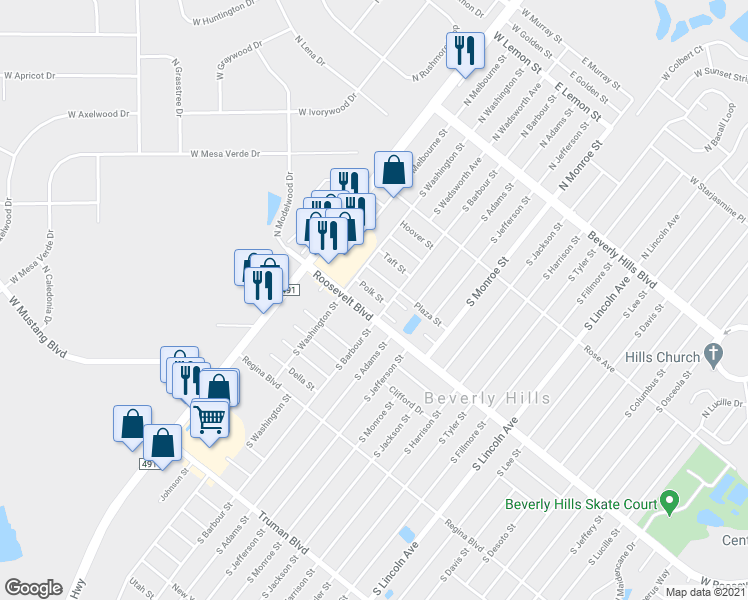 map of restaurants, bars, coffee shops, grocery stores, and more near 12 Polk Street in Beverly Hills