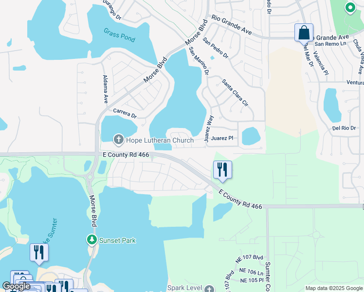 map of restaurants, bars, coffee shops, grocery stores, and more near 8564 County Road 466 in The Villages