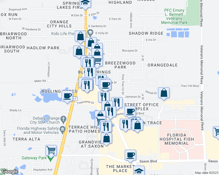 map of restaurants, bars, coffee shops, grocery stores, and more near 500 Grand Plaza Drive in Orange City