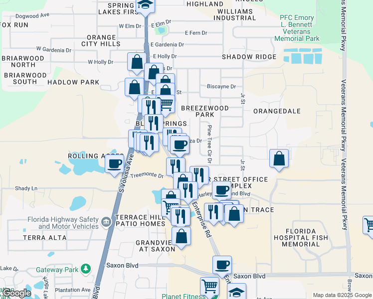 map of restaurants, bars, coffee shops, grocery stores, and more near 500 Grand Plaza Drive in Orange City