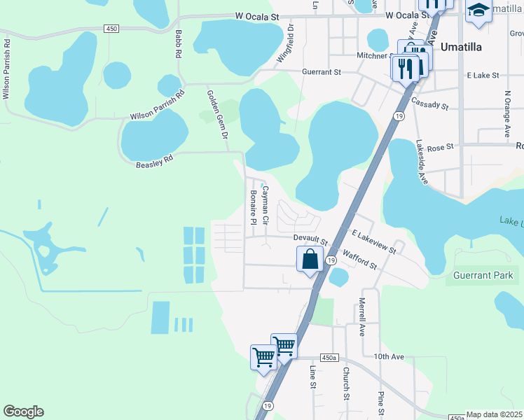 map of restaurants, bars, coffee shops, grocery stores, and more near 20 Cayman Circle in Umatilla