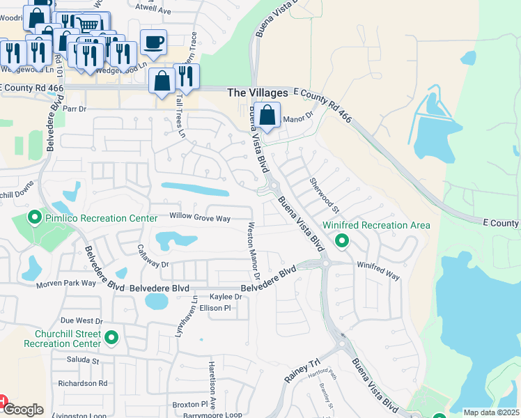 map of restaurants, bars, coffee shops, grocery stores, and more near 506 Ashford Avenue in The Villages