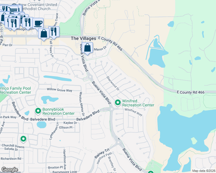 map of restaurants, bars, coffee shops, grocery stores, and more near 550 Kingston Way in The Villages