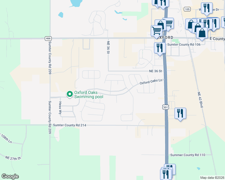 map of restaurants, bars, coffee shops, grocery stores, and more near 3507 Thorne Path in Oxford