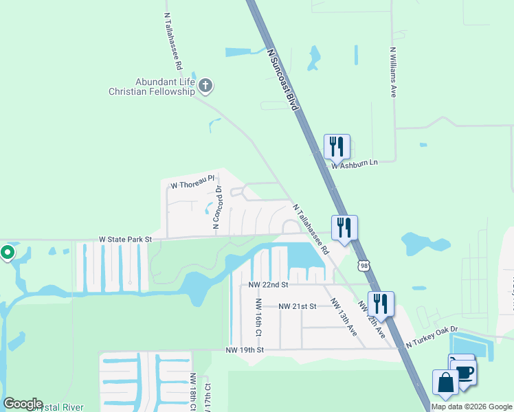 map of restaurants, bars, coffee shops, grocery stores, and more near 10850 West Tidewater Circle in Crystal River