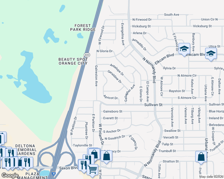 map of restaurants, bars, coffee shops, grocery stores, and more near 534 Gondolier Terrace in Deltona