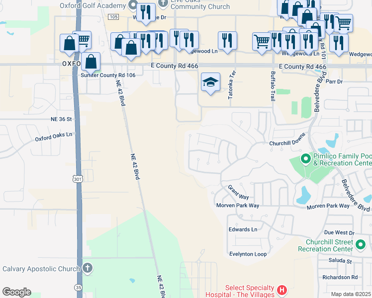 map of restaurants, bars, coffee shops, grocery stores, and more near 2919 Manor Downs in The Villages