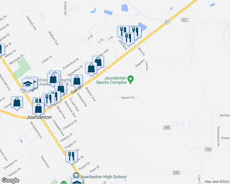 map of restaurants, bars, coffee shops, grocery stores, and more near 1103 Champion Drive in Atascosa County