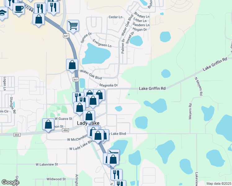 map of restaurants, bars, coffee shops, grocery stores, and more near 257 Lake Griffin Road in Lady Lake
