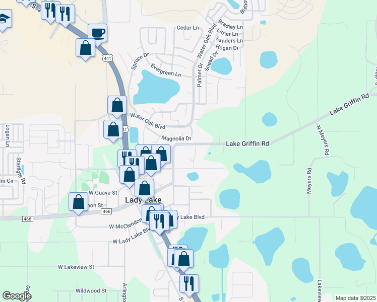 map of restaurants, bars, coffee shops, grocery stores, and more near 257 Lake Griffin Road in Lady Lake