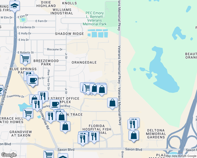 map of restaurants, bars, coffee shops, grocery stores, and more near 1070 Parc Hill Boulevard in Orange City