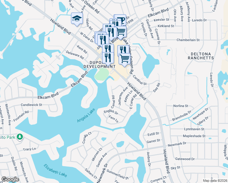 map of restaurants, bars, coffee shops, grocery stores, and more near 2071 Canal Road in Deltona