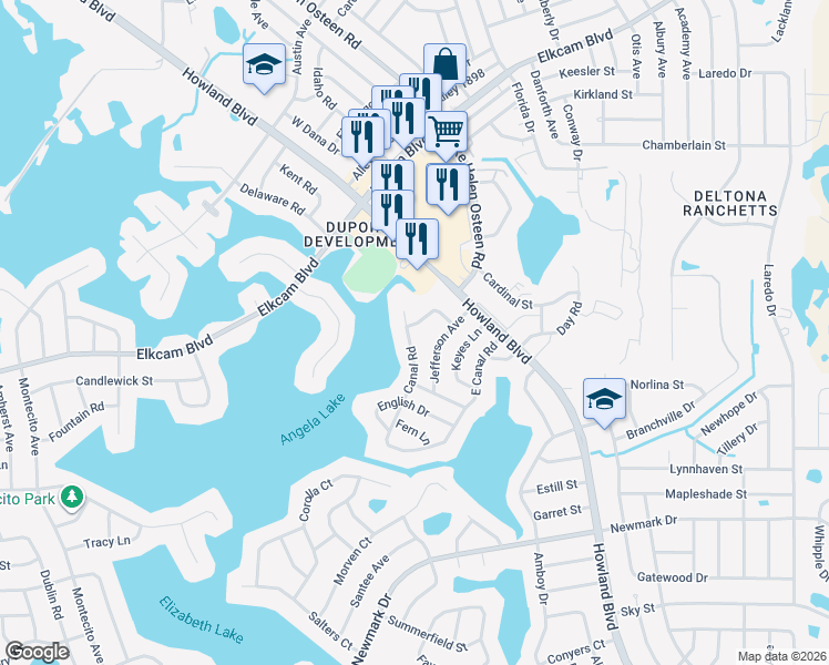 map of restaurants, bars, coffee shops, grocery stores, and more near 2071 Canal Road in Deltona
