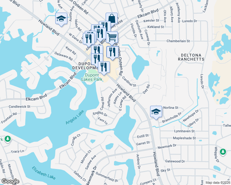 map of restaurants, bars, coffee shops, grocery stores, and more near 2051 Jefferson Avenue in Deltona