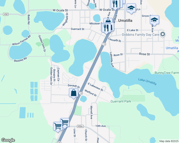 map of restaurants, bars, coffee shops, grocery stores, and more near 254 South Central Avenue in Umatilla