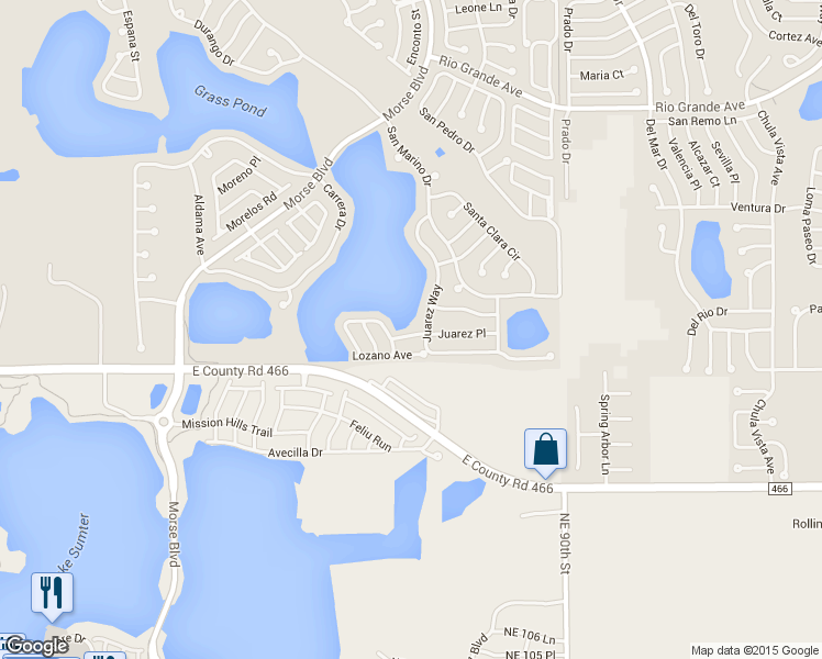 map of restaurants, bars, coffee shops, grocery stores, and more near 1507 Juarez Place in Lady Lake