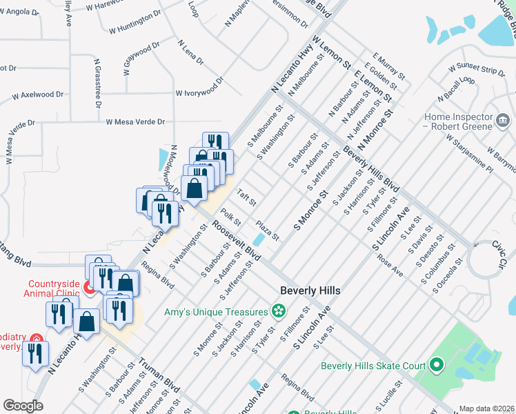 map of restaurants, bars, coffee shops, grocery stores, and more near 49 South Barbour Street in Beverly Hills