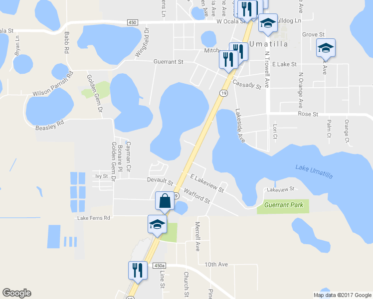map of restaurants, bars, coffee shops, grocery stores, and more near 254 South Central Avenue in Umatilla