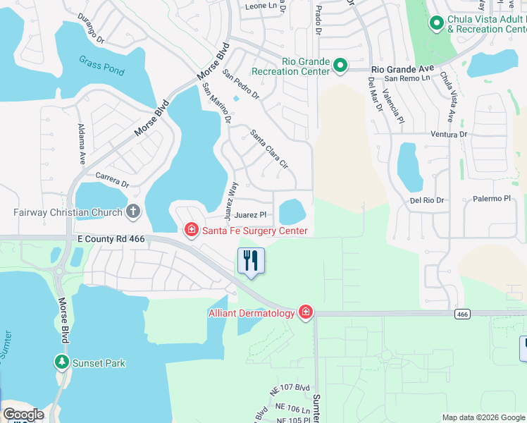 map of restaurants, bars, coffee shops, grocery stores, and more near 1405 Juarez Place in The Villages
