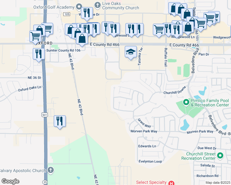 map of restaurants, bars, coffee shops, grocery stores, and more near 2919 Manor Downs in The Villages
