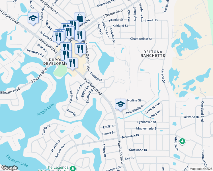 map of restaurants, bars, coffee shops, grocery stores, and more near 2001 Felix Lane in Deltona