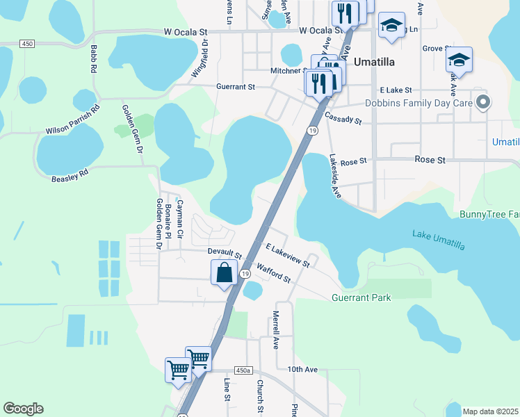 map of restaurants, bars, coffee shops, grocery stores, and more near 254 South Central Avenue in Umatilla