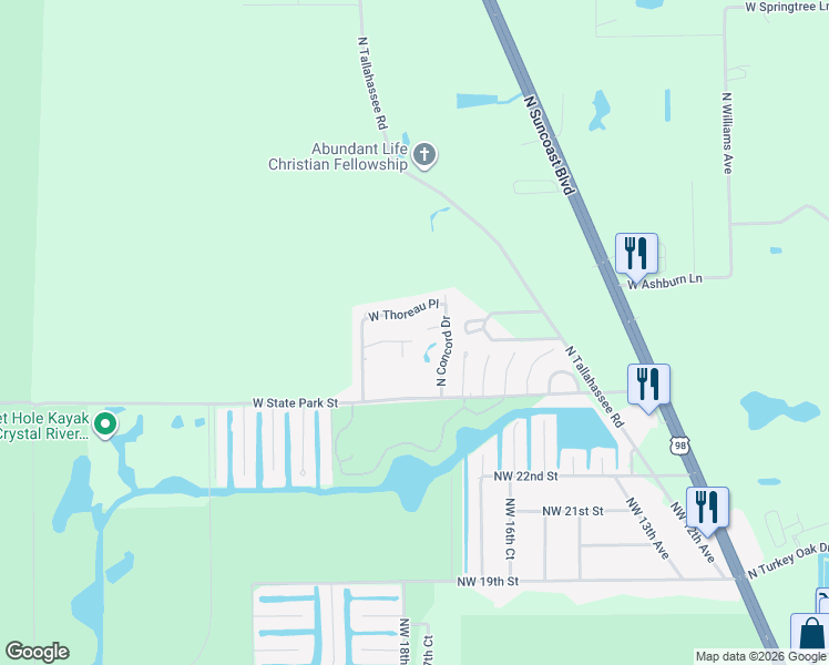 map of restaurants, bars, coffee shops, grocery stores, and more near 11111 West Samson Lane in Crystal River