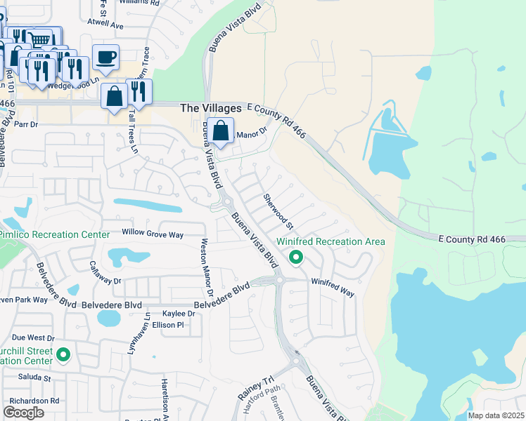map of restaurants, bars, coffee shops, grocery stores, and more near 1924 Walden Way in The Villages