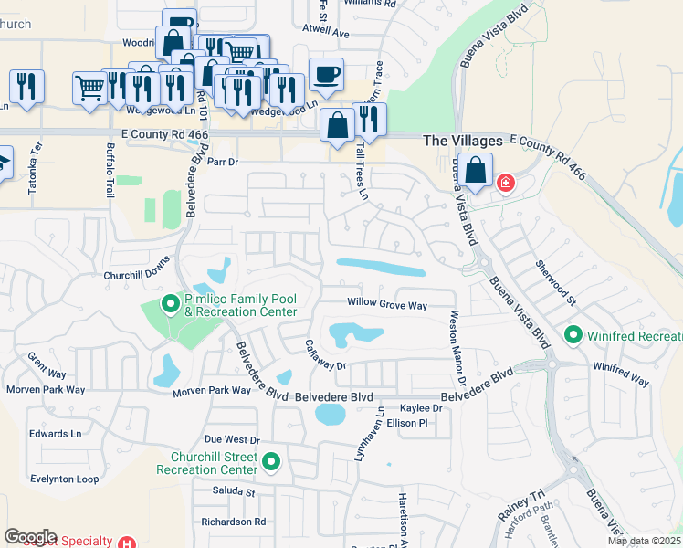 map of restaurants, bars, coffee shops, grocery stores, and more near 2245 Avon Loop in The Villages