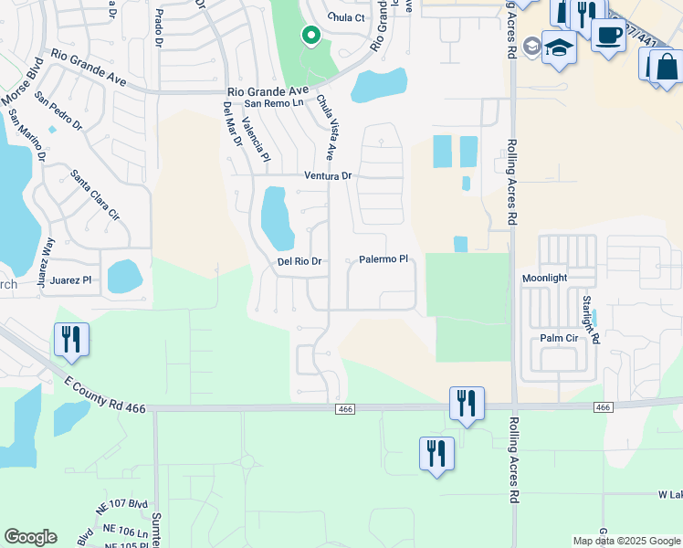 map of restaurants, bars, coffee shops, grocery stores, and more near 102 Palermo Place in Lady Lake